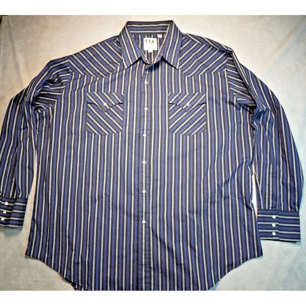 Ely Cattleman Shirt Mens 2XL Blue Black Striped Long Sleeve Pearl Snap Western